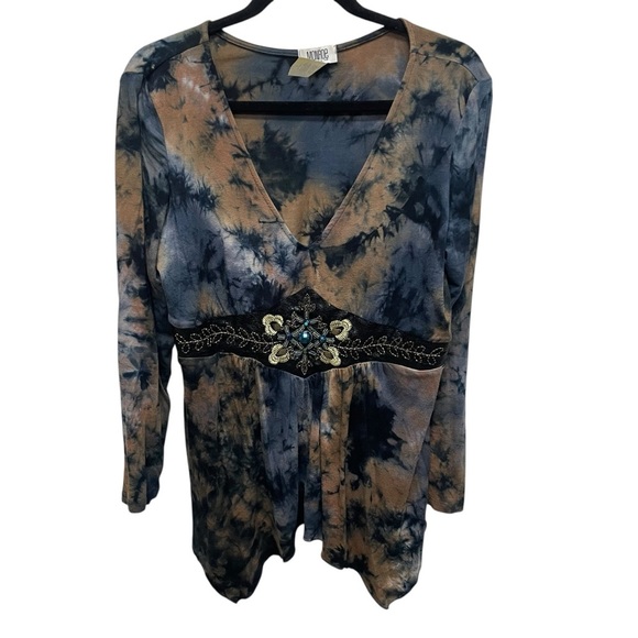 Monroe & Main stretchy jersey knit top boho beaded womens large tie dye - Picture 1 of 7